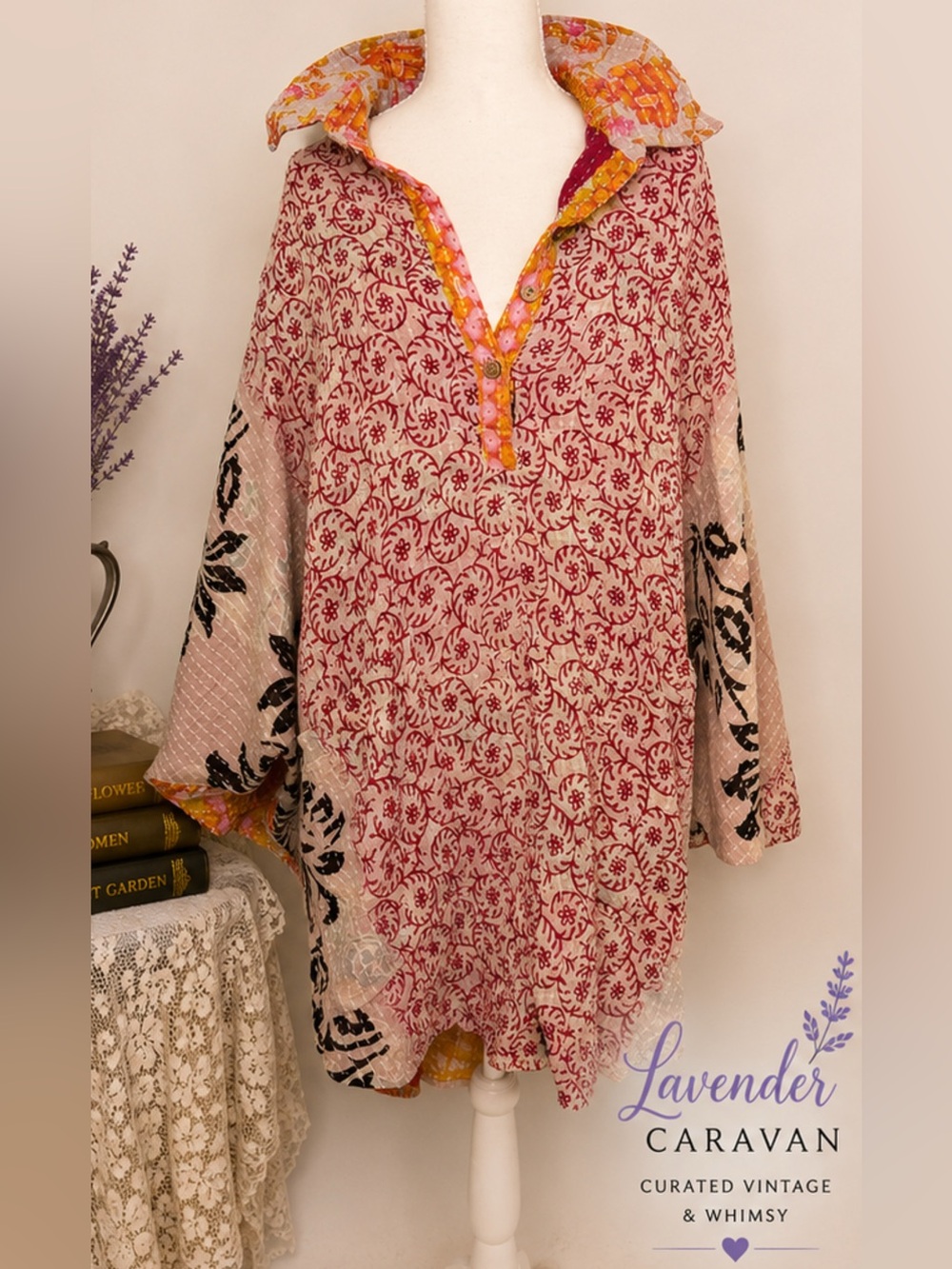 Kantha Bae Floral Tunic Top with Contrast Trim